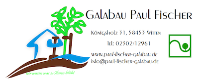 Logo/Signatur Galabau Paul Fischer, Gartenbau. Stilisiertes Haus mit Baum davor.