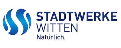Logo Stadtwerke Witten mit Slogan Natürlich. Stilisierte Wasserwellen in Kugelform.